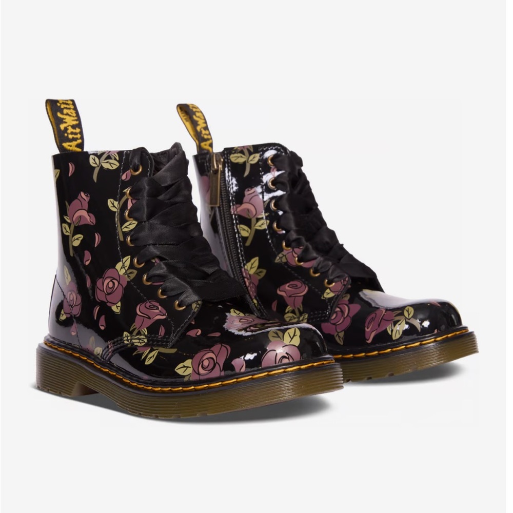 Dr. Martens Black and Pink Floral Combat Boots
